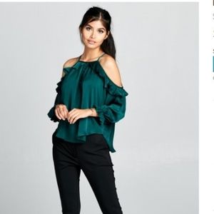 Ruffled Teal Top with Cold Shoulder